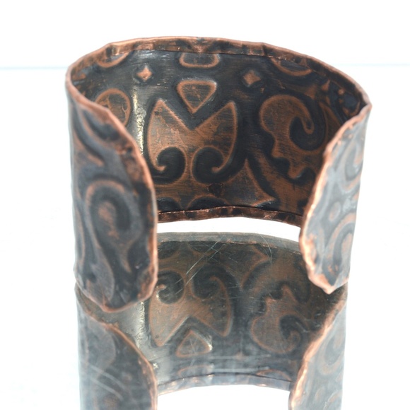 Solid Copper Filigree Wide Cuff Bracelet Damask Patina Embossed Handmade Custom - Picture 7 of 8